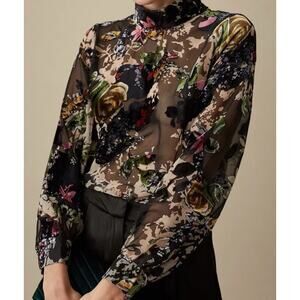 REISS Tori Sheer Black Floral Burnout top size US 0 See Description